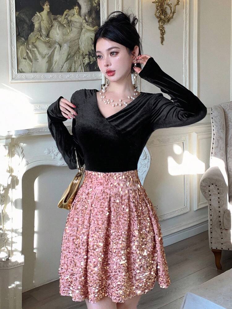 Women's Elegant Sequin Patchwork V-Neck Dress, Autumn Prom Dress Summer Women Dresses Carnival Sparkly Dress