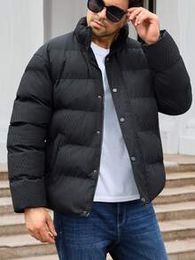 Manfinity CasualCool 男士立领绗缝外套，纹理面料，休闲宽松版型，适合轻松简约的日常穿着，秋冬季 - 黑色 - 查看 3