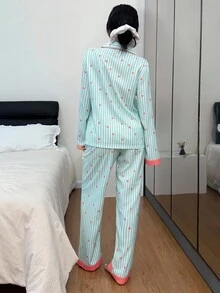 Dream Adore Striped Heart Patchwork Collar Top And Pants Pajama Set Flamingo Pajamas Striped Pajama Set Kawaii Pajamas Comfy Pajamas Set, Fall Winter Clothes - Mint Green - View 2