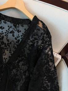 GlowEve CURVE Plus Size Women V-Neck Tie Front Sheer Vacation Blouse Shawl Collar Half Sleeve Embroidery Hollow Out Cardigan - Black - View 7