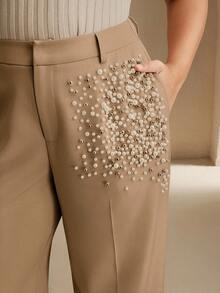 Anewsta Plus Size Fashionable Beaded Women Pants - Khaki - View 1