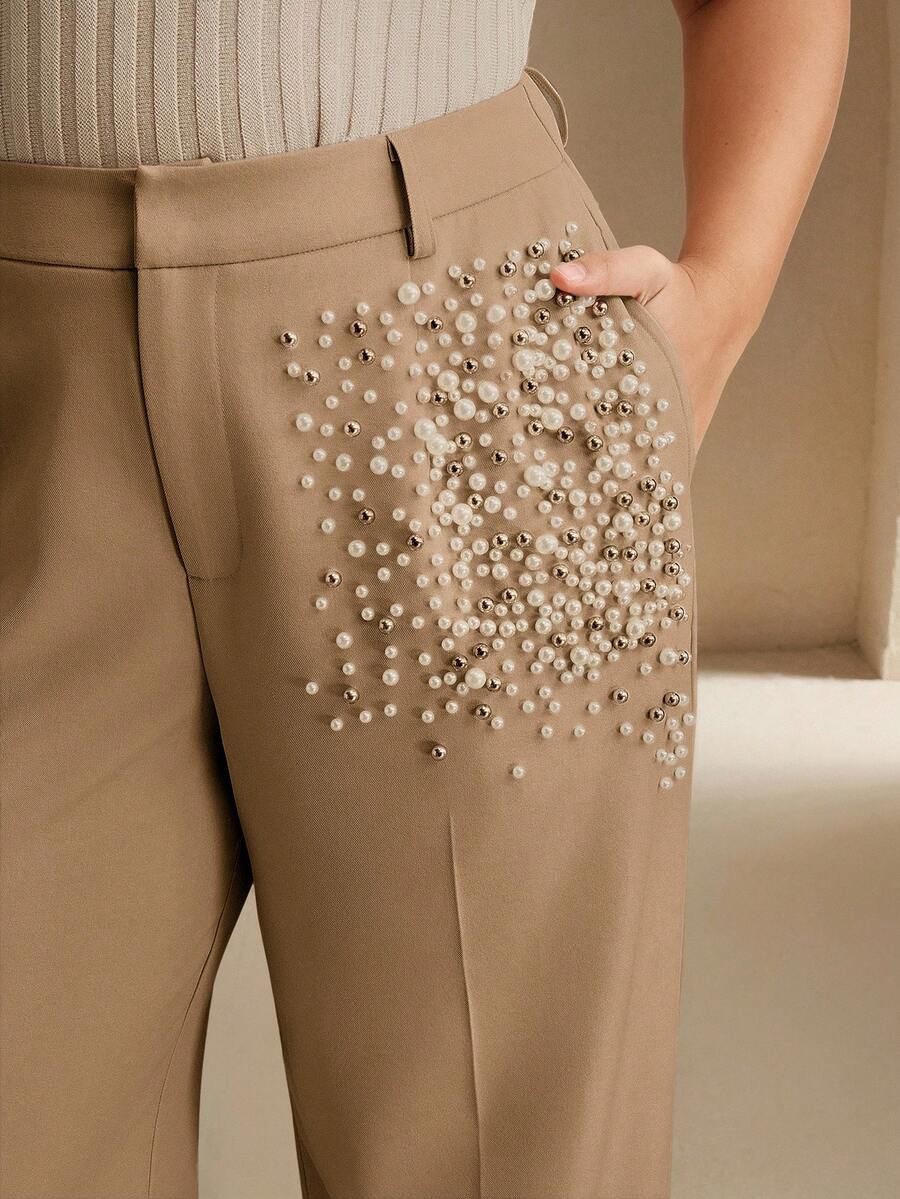Anewsta Plus Size Fashionable Beaded Women Pants - Khaki - View 1