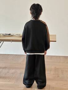 SHEIN 2pcs Tween Boy Casual Striped Letter Print Graphic Crew Neck Loose Long Sleeve Sweatshirt And Relaxed Fit Solid Color Sweatpants Knit Set, Suitable For School, Garden, Beach, Birthday, Spring/Summer