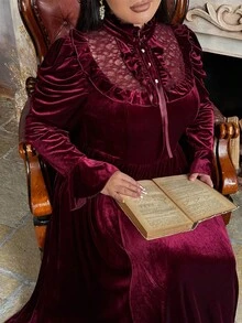 Lyrianda Christmas Plus Size Velvet Ruffle Hem Dress