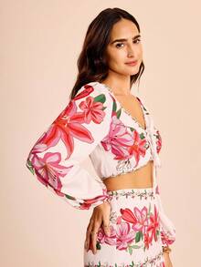 CAJUNI Women's Vacation Colorful Floral V-Neck Front Drawstring Long Sleeve Cropped Print Shirt Blouse - Multicolor - View 6