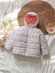 SHEIN 少女碎花拉链连帽夹克，冬季 - 彩色 - 查看 4