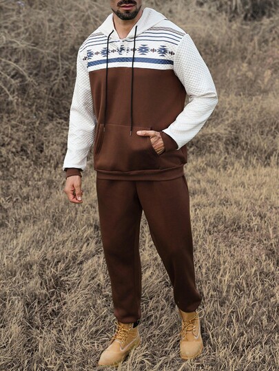 Manfinity Nomadique Herren geometrisches Muster Kontrast Farbe Tasche Kordelzug Hoodie und Jogginghose Freizeitanzug, Herbst