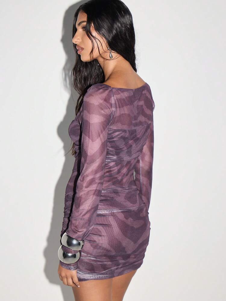 KIZN Mesh Twist Front Mini Dress With Ruched Details