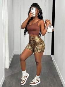 SHEIN Slayr Leopard Print Wideband Waist Sports Shorts Biker Shorts - Multicolor - View 6