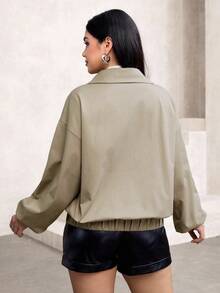 Lacomfia Women's Khaki Utility Jacket With Embroidery, Vintage Loose Fit Zip-Up Outerwear For Autumn - Khaki - View 2
