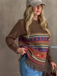 Livesso Women's Retro Style Loose Fit Fringe Sweater