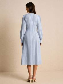 Poéselle 女式休闲通勤条纹腰中长连衣裙 - 藍色 - 查看 2