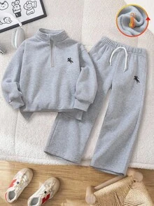 Genkimix Kids 2 件套男童半拉链立领运动衫，长袖直筒裤，图案印花，罗纹袖口和下摆，保暖内衬，休闲而精致，适合秋冬运动、户外、学校 - 灰色 - 查看 8