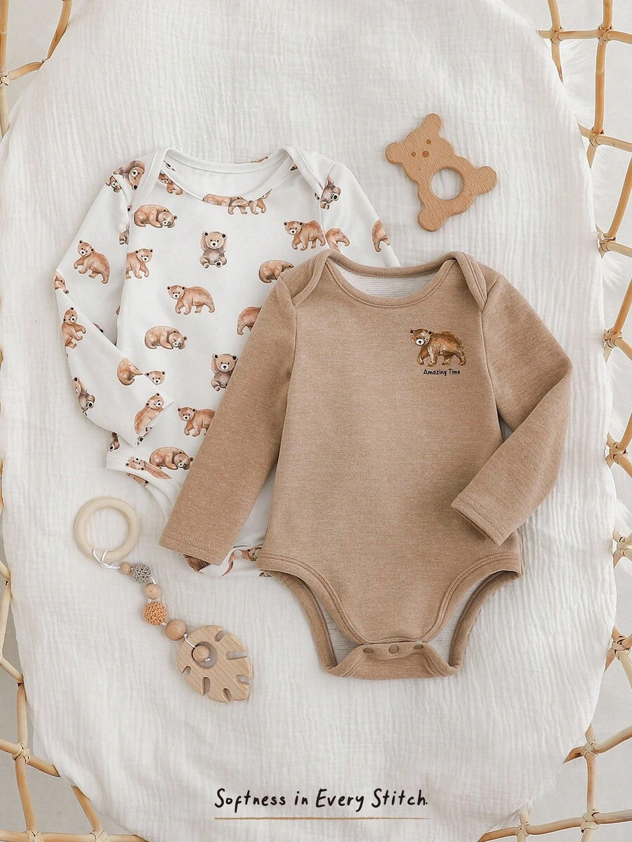 Cozy Pixies 2件套新生女宝宝卡通熊图案针织柔软圆领长袖连体衣套装