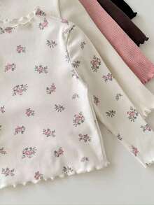 Cozy Pixies 5pcs Baby Girl Floral Textured Turtleneck Long Sleeve Ruffle Hem Pullover Top Set Fall Winter - Pink - View 8