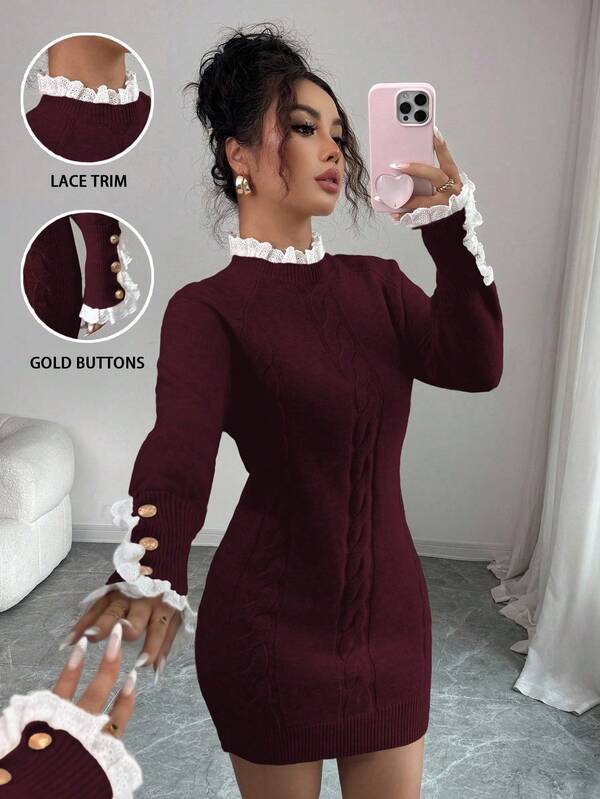 Elenzga Vestido de color albaricoque con cuello de tripulación, manga larga, trenzado y ribete de encaje para otoño/invierno