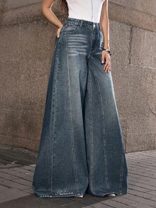 Selenza Quần Jeans Ống Rộng Cỡ Lớn Thêu Chữ Tiếng Anh Cho Nữ - Màu xanh bụi bặm - Xem 4