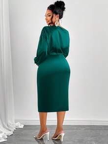 SOLERSUN Christmas Women's Fashion Solid Color Asymmetric Neckline Ruched Side Satin Bodycon Dress Maxi Women Outfit - Dark Green - View 3