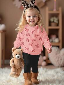 SHEIN 2 件套年轻女孩奶油粉色和黑色可爱迷你豹纹蝴蝶结图案圆领长袖运动衫和紧身裤，秋冬装，轻松舒适，秋季分层，时尚，休闲装，儿童图案服装，返校，秋季服装，返校节 - 彩色 - 查看 5