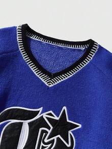 ROMWE MEN Prep Pull tricoté à col en V de style baseball pour hommes, brodé, style de rue rétro, automne/hiver - Bleu azur - Voir 3
