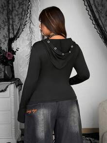 Whyspr Plus Size Women Casual Eyelet Hoodie Long Sleeve Printed T-Shirt