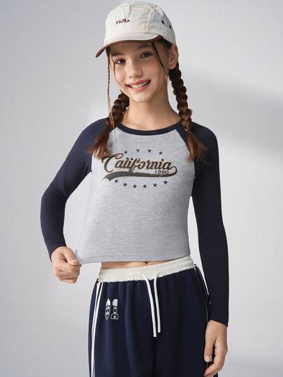 JNSQ 青少年女孩服装，秋季款式印花修身长袖圆领 T 恤，适合秋冬日常穿着、户外活动、度假、街头服饰、派对和休闲