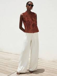 Aveloria Modichic 优雅浪漫百搭法式女式无袖衬衫，白色纹理褶皱透明分层荷叶边领口设计 - 棕色 - 查看 5