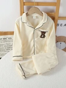Bộ 2 quần dài tay cổ cardigan cho bé gái, đồ mặc nhà bằng vải nỉ thêu họa tiết gấu bông màu mơ - Màu be - Xem 1