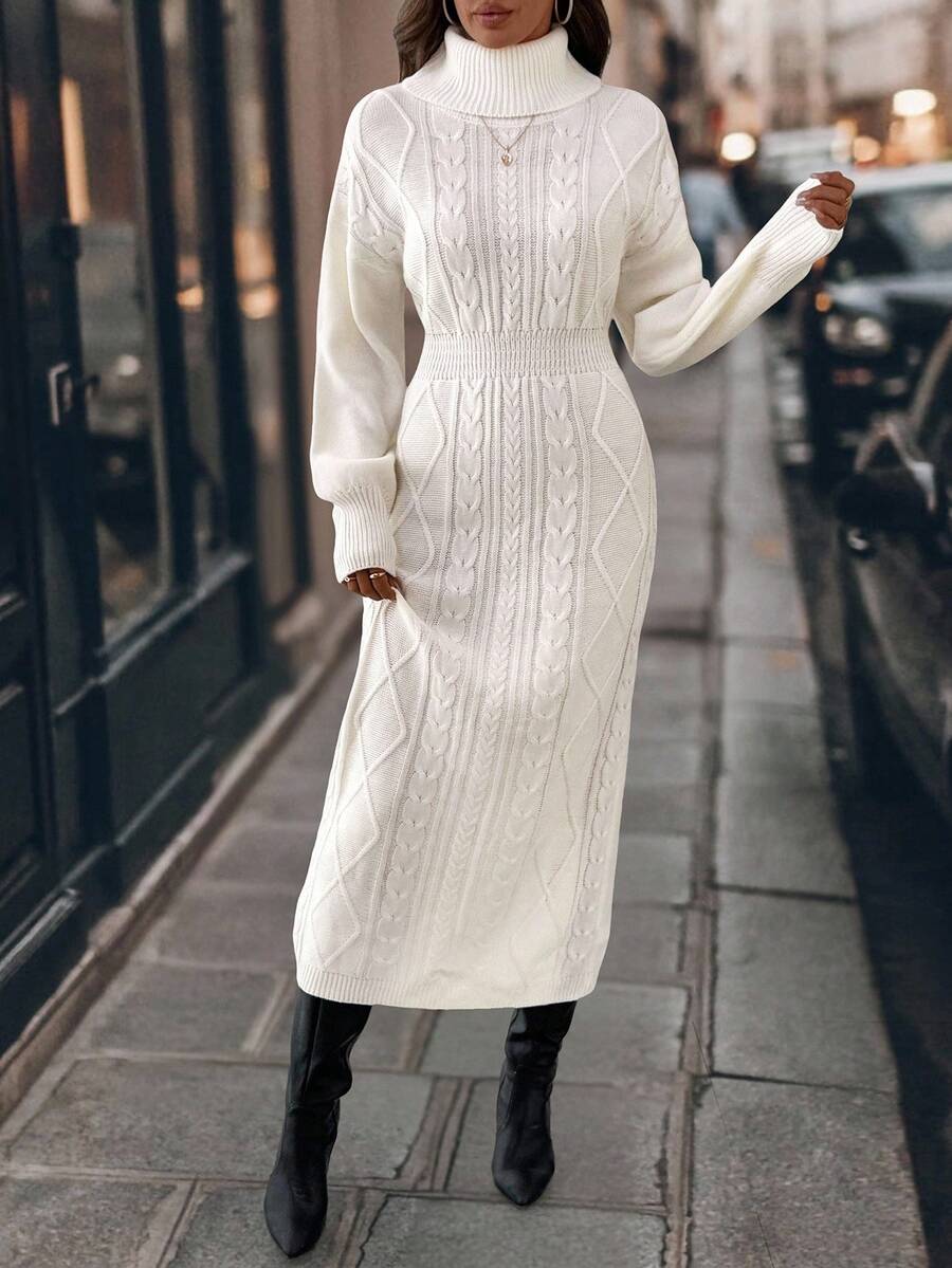 SHEIN Clasi Textured Turtleneck Waist Cinched Knit Dress Autumn Winter Clothes For Women