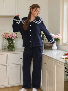 Snug Reverie Women's Peter-Pan Collar Faux Fur Patchwork Contrast Color Lace Ruffle Trim Long Sleeve Top & Pants Pajama Set, Fall/Winter Clothes, Christmas, Fluffy, Cozy - Navy Blue - View 6