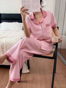 SHEIN Bubble Crinkle Colorblock Short Sleeve & Pants Women Pajama Set - Multicolor - View 2