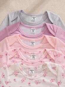 SHEIN 5 件套女婴秋冬碎花舒适可爱连体衣，百搭百搭风格 - 彩色 - 查看 5