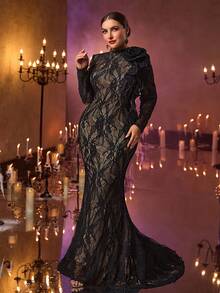 Glamrae Váy đen thanh lịch cỡ lớn thêu sequin màu sâm panh, cổ đứng, tay dài, dáng đuôi cá có đuôi, thích hợp cho các buổi lễ kỷ niệm, tiệc tùng, đám cưới, sự kiện trang trọng - màu đen - Xem 6