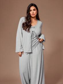 Lazeform 3pcs Plus Size Soft Camisole Top, Loose Pants & Robe Sleepwear Set Fall Winter Clothes