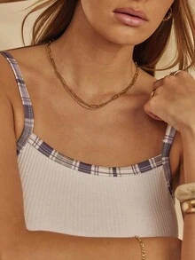 Aralina Fall / Winter Ribbed Fitted Singlet Tank Top With Contrast Plaid Print Binding And Straps Perfect Elevated Basic Tank Top And Going Out Top - White - View 3