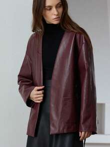 Aveloria Modichic Chaqueta de camisa de mujer de piel sintética sin cuello, de bolsillos con cinturón, de estilo elegante y moderno para uso diario