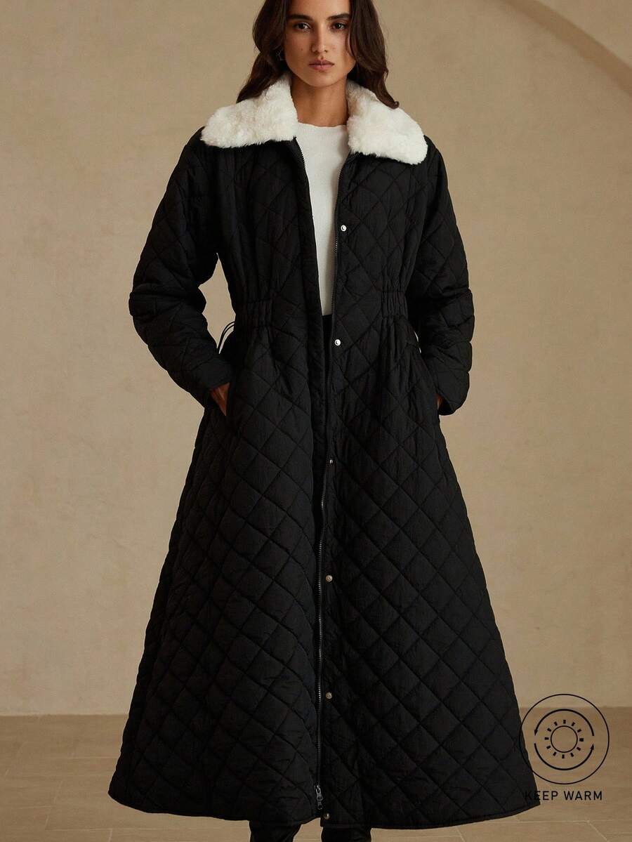 GENKIRA 女式休闲拼布仿毛领绗缝加厚外套，秋冬 - 黑與白 - 查看 1