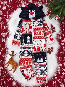 Young Boy Cute Deer Ear Hooded Jumpsuit, Navy Blue & Red, Plush Fabric, Ideal For Christmas, Winter Family Gathering Fall - Red - View 3