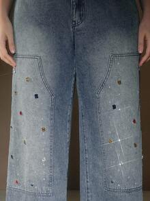 Anewsta Fashionable Diamond Embellished Women's Straight Leg Blue Jeans - Blue - View 1