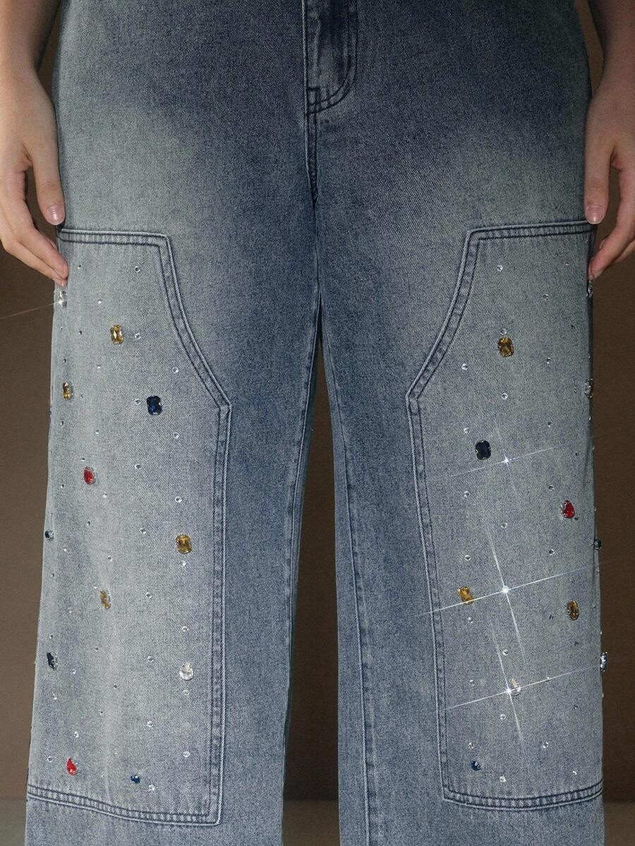 Anewsta Fashionable Diamond Embellished Women's Straight Leg Blue Jeans - Blue - View 1