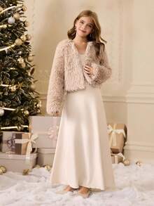 Conjunto de chaqueta de tela suave de unicolor de manga larga y cuello redondo holgada, y vestido maxi sin mangas de unicolor, estilo minimalista de moda diaria para niñas, otoño/invierno