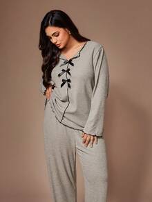 Lazeform Knitted Ribbed Fleece Bow Decor Ruffle Trim Casual Lounge Set,PJSs For Women Curvy Plus Size Loungewear, Cozy Outfit, Fall/Winter Clothes - Khaki - View 5
