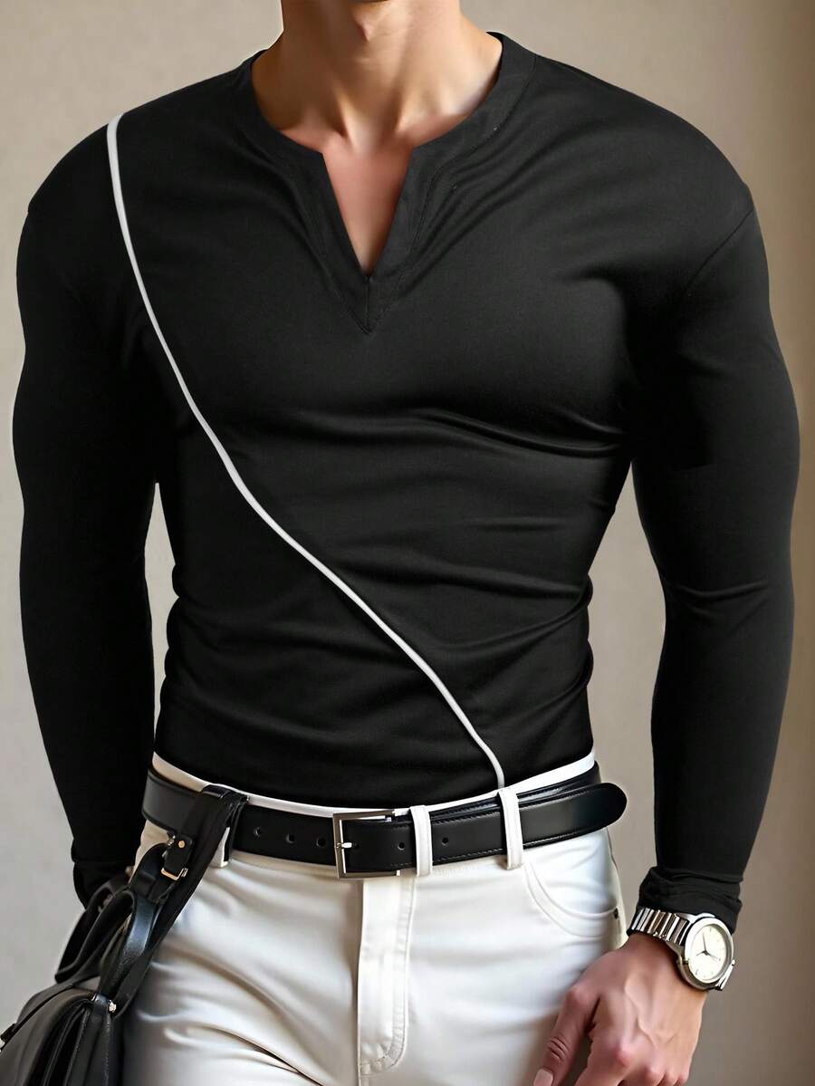 INAWLY 男士休闲撞色饰边缺口领T恤，秋季 - 黑色 - 查看 1