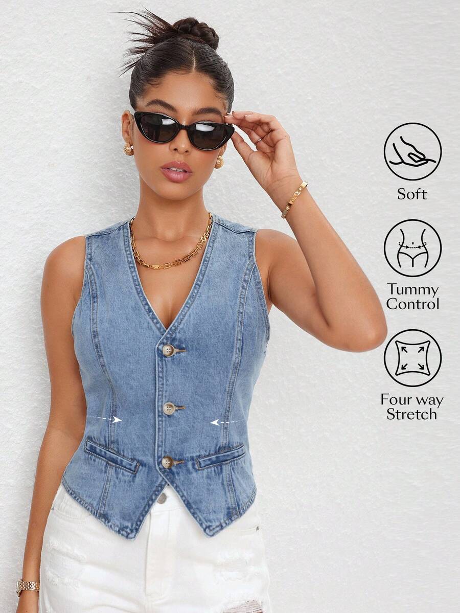 Flexra 女士休闲无袖牛仔夹克，夏季 - 深色水洗藍 - 查看 1