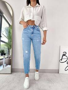 EURMUSE Jeans casuales y versátiles de talle alto con bolsillos y desgastados para mujer - Celeste - Ver 4