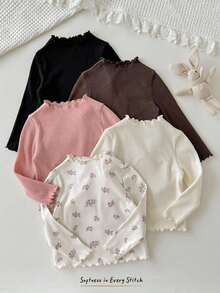 Cozy Pixies 5pcs Baby Girl Floral Textured Turtleneck Long Sleeve Ruffle Hem Pullover Top Set Fall Winter - Pink - View 6