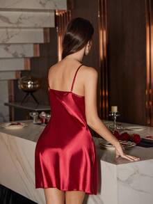 SilkySpell Women's Sexy Satin Draped Spaghetti Strap Nightgown With Thigh Slit, For Christmas