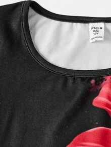 SHEIN Tween 女童大号花卉印花黑色长袖上衣搭配皮裙套装，适合儿童休闲装、返校装、开学典礼、日常装、上学装、旅行装、运动装、秋冬装 - 黑色 - 查看 8