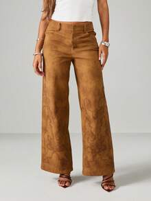 MISSGUIDED Western Embroidered Wide Leg Trousers Desert Boho Festival High Rise Palazzo Pants Hippie Style Fall Winter Suede Statement Bottoms - Khaki - View 1