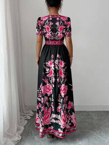 Elenzga 女式休闲花卉印花腰部收紧短袖连衣裙，夏季 - 玫紅色 - 查看 2